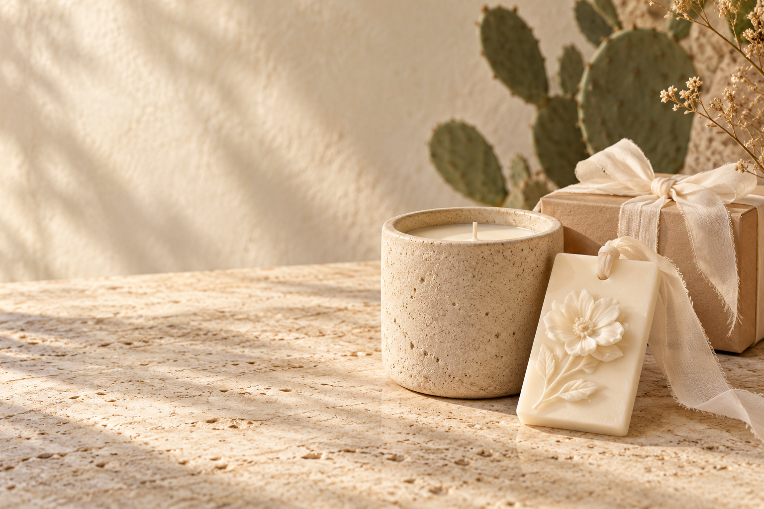 Concept styling of ivory scented favors, a handmade concrete candle and natural gift packaging