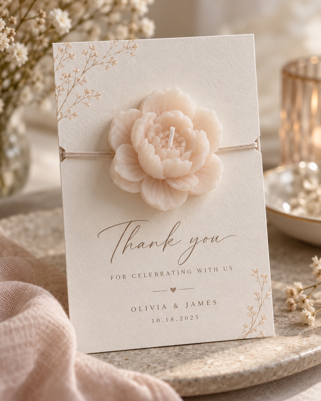 Illustrative personalized thank-you card with a sculpted flower candle, ivory paper and botanical details